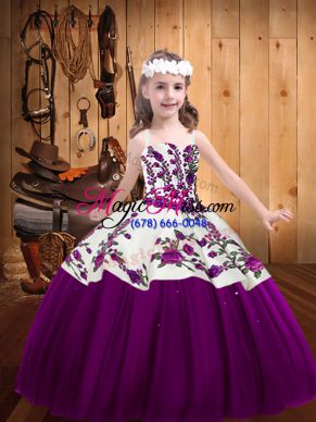 Trendy Straps Sleeveless Tulle Little Girls Pageant Gowns Embroidery Lace Up