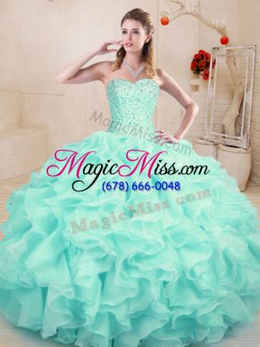 Aqua Blue Lace Up Sweet 16 Dresses Beading and Ruffles Sleeveless Floor Length