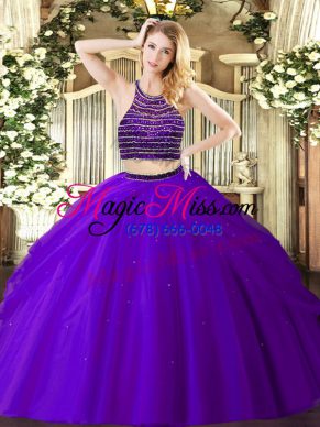 Cute Floor Length Purple Sweet 16 Dress Halter Top Sleeveless Zipper