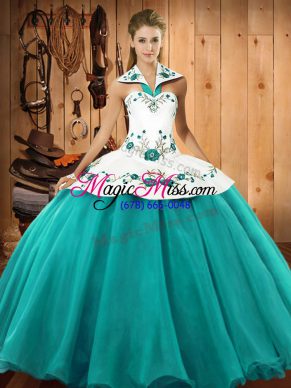 Simple Turquoise Ball Gown Prom Dress Military Ball and Sweet 16 and Quinceanera with Embroidery Halter Top Sleeveless Lace Up