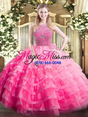 Sleeveless Floor Length Beading and Ruffled Layers Zipper Quinceanera Dress with Rose Pink