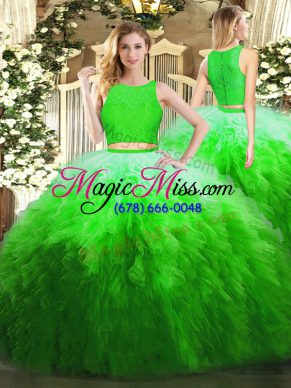 Green Ball Gowns Scoop Sleeveless Organza Floor Length Zipper Lace and Ruffles Sweet 16 Dress