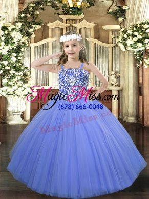 Blue Ball Gowns Straps Sleeveless Tulle Floor Length Lace Up Beading Little Girls Pageant Dress Wholesale