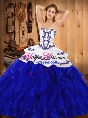 Modern Sleeveless Floor Length Embroidery and Ruffles Lace Up Quinceanera Dress with Blue And White