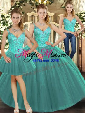 Enchanting Straps Sleeveless Lace Up Sweet 16 Dresses Turquoise Tulle