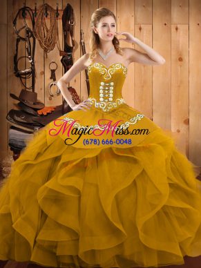 Attractive Gold Ball Gowns Sweetheart Sleeveless Organza Floor Length Lace Up Embroidery and Ruffles Quinceanera Dress