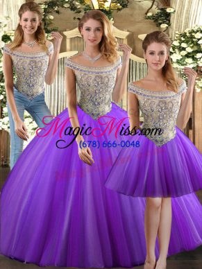 Attractive Bateau Sleeveless Sweet 16 Dress Floor Length Beading Eggplant Purple Tulle