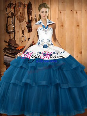 Suitable Blue Quinceanera Gowns Military Ball and Sweet 16 and Quinceanera with Embroidery and Ruffled Layers Halter Top Sleeveless Sweep Train Lace Up