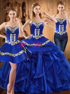 Floor Length Lace Up Sweet 16 Dress Royal Blue for Military Ball and Sweet 16 and Quinceanera with Embroidery and Ruffles