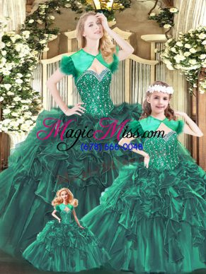 Green Lace Up Sweetheart Beading and Ruffles Quinceanera Dress Organza Sleeveless