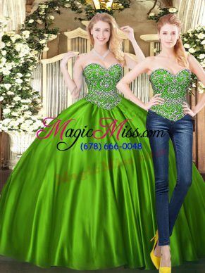 Captivating Sleeveless Tulle Floor Length Lace Up 15th Birthday Dress in Green with Beading