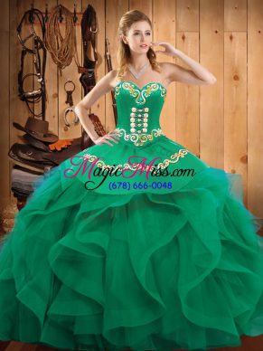 Glorious Sleeveless Floor Length Embroidery and Ruffles Lace Up Quinceanera Gowns with Turquoise