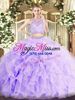 Admirable Lavender Two Pieces Scoop Sleeveless Organza Floor Length Zipper Beading and Ruffles Quinceanera Gown