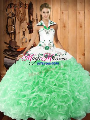 Customized Fabric With Rolling Flowers Halter Top Sleeveless Lace Up Embroidery Sweet 16 Dresses in