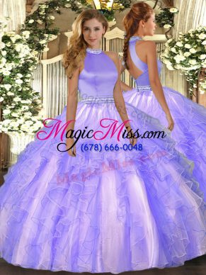 Elegant Lavender Ball Gowns Organza Halter Top Sleeveless Beading and Ruffles Floor Length Backless 15th Birthday Dress