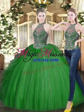 Floor Length Dark Green Sweet 16 Dress High-neck Sleeveless Lace Up