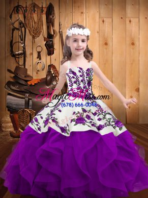 Customized Purple Sleeveless Embroidery and Ruffles Floor Length Pageant Gowns For Girls