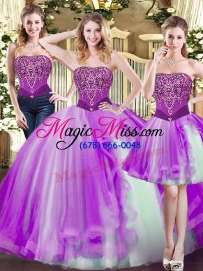 Gorgeous Eggplant Purple Strapless Lace Up Beading Quinceanera Dress Sleeveless