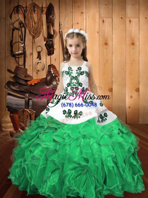 Turquoise Ball Gowns Embroidery and Ruffles Pageant Gowns For Girls Lace Up Organza Sleeveless Floor Length