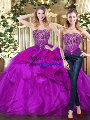 New Style Purple Sleeveless Floor Length Beading and Ruffles Lace Up Quinceanera Gowns