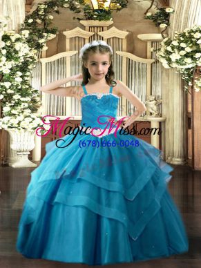 Eye-catching Floor Length Baby Blue Little Girls Pageant Dress Wholesale Tulle Sleeveless Appliques and Ruffled Layers