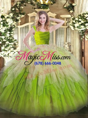 Adorable Floor Length Yellow Green Sweet 16 Dresses Organza Sleeveless Lace and Ruffles