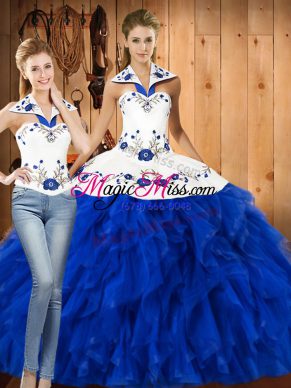 Gorgeous Sleeveless Satin and Organza Floor Length Lace Up 15th Birthday Dress in Blue And White with Embroidery and Ruffles