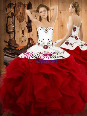 Custom Fit Wine Red Quinceanera Dresses Military Ball and Sweet 16 and Quinceanera with Embroidery and Ruffles Halter Top Sleeveless Lace Up