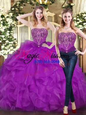 Modern Purple Organza Lace Up 15 Quinceanera Dress Sleeveless Floor Length Beading and Ruffles