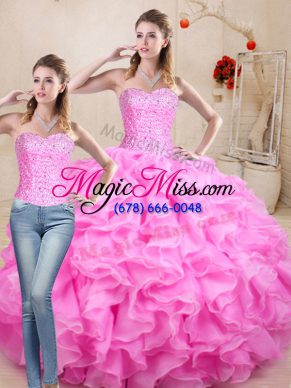On Sale Rose Pink Sweetheart Neckline Beading and Ruffles Sweet 16 Dress Sleeveless Lace Up