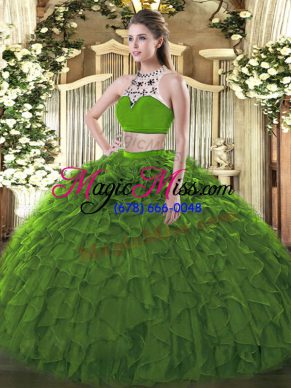 New Style Floor Length Backless Sweet 16 Quinceanera Dress Dark Green for Military Ball and Sweet 16 and Quinceanera with Beading and Ruffles