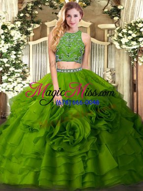 Vintage Floor Length Zipper Sweet 16 Quinceanera Dress Olive Green for Military Ball and Sweet 16 and Quinceanera with Beading and Ruffled Layers