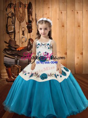 On Sale Organza Straps Sleeveless Lace Up Embroidery Little Girls Pageant Dress in Teal