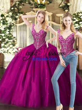 Fashionable Fuchsia Sleeveless Beading Floor Length Sweet 16 Dresses