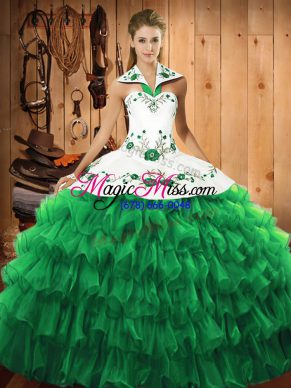 Best Green Halter Top Neckline Embroidery and Ruffled Layers Sweet 16 Quinceanera Dress Long Sleeves Lace Up