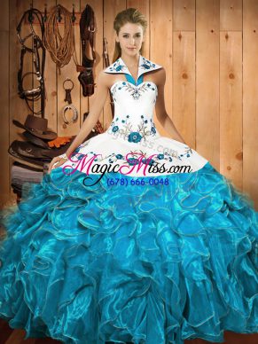 Cheap Halter Top Sleeveless Satin and Organza Quince Ball Gowns Embroidery and Ruffles Lace Up