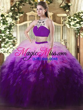 Eye-catching Multi-color Two Pieces Beading and Ruffles Sweet 16 Dresses Backless Tulle Sleeveless Floor Length