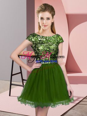 Olive Green Zipper Quinceanera Dama Dress Sequins Cap Sleeves Mini Length