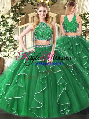 Green Sleeveless Floor Length Beading and Ruffles Zipper 15th Birthday Dress