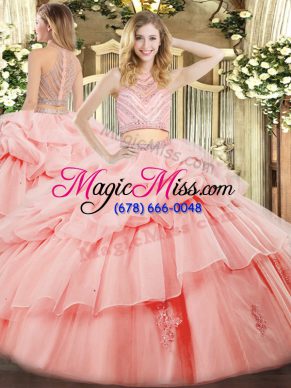 Fabulous Pink Ball Gowns Tulle High-neck Sleeveless Beading and Ruffles Floor Length Zipper Sweet 16 Dresses