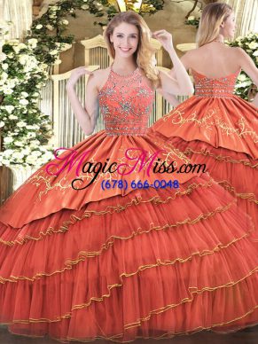 Stunning Rust Red Zipper Quinceanera Dress Beading and Embroidery and Ruffles Sleeveless Floor Length