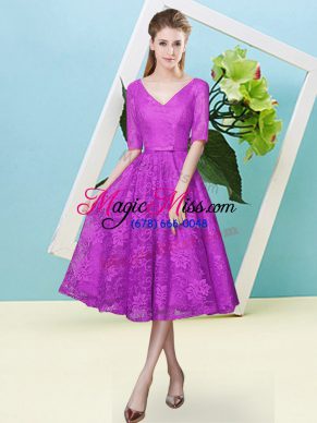 Tea Length Fuchsia Bridesmaid Dresses Lace Half Sleeves Bowknot