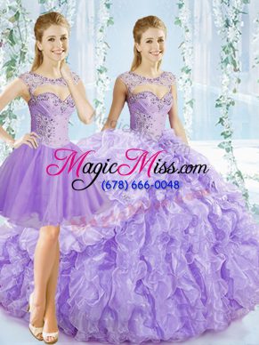 Pretty Organza Sweetheart Sleeveless Brush Train Lace Up Beading and Ruching and Pick Ups Quinceanera Dresses in Lavender