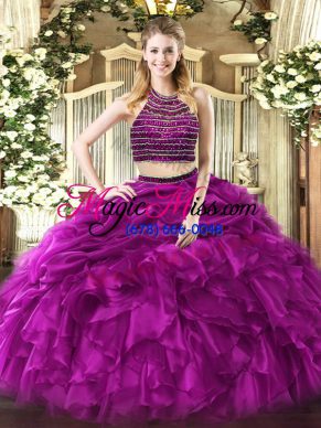 Wonderful Floor Length Two Pieces Sleeveless Fuchsia 15th Birthday Dress Zipper