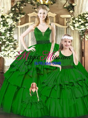 Sweet Beading and Ruffled Layers Sweet 16 Quinceanera Dress Green Zipper Sleeveless Floor Length