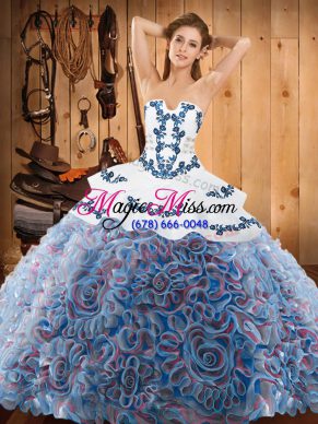 Multi-color Satin and Fabric With Rolling Flowers Lace Up Strapless Sleeveless With Train 15 Quinceanera Dress Sweep Train Embroidery