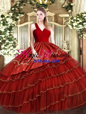 Latest Wine Red Sleeveless Satin and Organza Zipper Ball Gown Prom Dress for Military Ball and Sweet 16