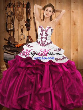 Luxurious Strapless Sleeveless Satin and Organza Sweet 16 Quinceanera Dress Embroidery and Ruffles Lace Up