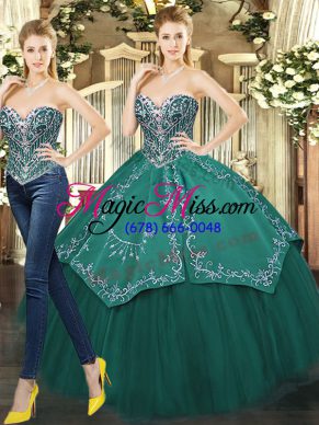 Low Price Sweetheart Sleeveless Quinceanera Dress Floor Length Beading and Appliques Dark Green Tulle