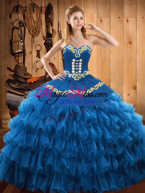 Embroidery and Ruffled Layers Quinceanera Dresses Blue Lace Up Sleeveless Floor Length